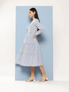 Chemistry Striped Mandarin Collar Pure Cotton Tiered A-Line Dress
