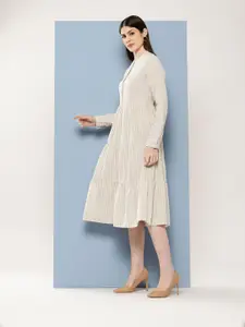 Chemistry Striped Mandarin Collar Tiered Pure Cotton A-Line Dress