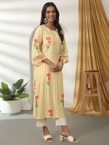 Likha Women Floral Printed Keyhole Neck Thread Work Kurta