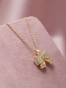 Rubans 18K Gold Plated Stainless Steel Tarnish-Free Waterproof CZ Demi-Fine Bow Pendant