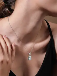 Rubans Rhodium Plated Sparkling AD & Cubic Zirconia Studded Rectangle Pendant Necklace