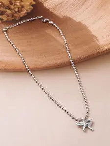 Rubans Rhodium Plated Silver Beaded Chain Necklace with Minimalist Bow Pendant