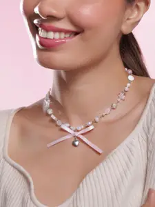Rubans Rhodium Plated Multicolor Beaded Necklace with Heart Pendant and Pink Ribbon Bow