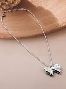 Rubans Rhodium Plated Silver Bow Pendant Necklace With Crystal Beaded Chain