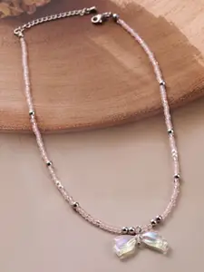 Rubans Rhodium Plated Pink Beaded Necklace with Iridescent Butterfly Bow Pendant