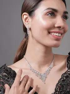 Rubans Rhodium Plated Cubic Zirconia Studded Waterfall Necklace and Earrings Set