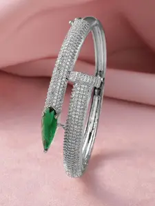 Rubans Rhodium-Plated Emerald & Cubic Zirconia Studded Bangle Style Bracelet