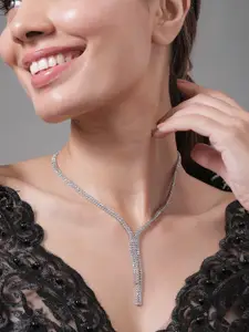 Rubans Rhodium Plated AD & Cubic Zirconia Studded Luxurious Lariat Statement Necklace