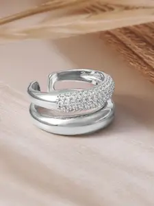 Rubans Rhodium-Plated Cubic Zirconia-Studded Dual Band Adjustable Finger Ring