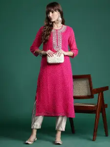 Indo Era Leheriya Printed Zari & Sequin Embroidered Gota Detailed Straight Georgette Kurta