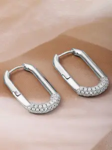 Rubans Voguish Rubans Rhodium Plated Rectangular Hoop Earrings with Cubic Zirconia Accents