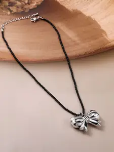 Rubans Voguish Rubans Rhodium Plated Black Beaded Necklace with Silver Bow Pendant