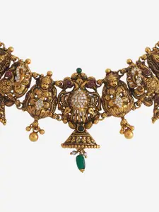 Kushal's Fashion Jewellery 92.5 Pure Silver Gold-Plated Stone Studded Temple Necklace