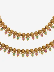Kushal's Fashion Jewellery Set Of 2 Gold-Plated Copper Antique Artificial Stones Anklet