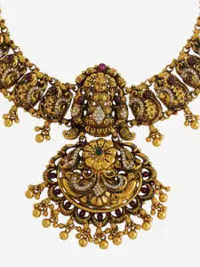 Kushal's Fashion Jewellery 92.5 Pure Silver Gold-Plated Stone Studded Temple Necklace