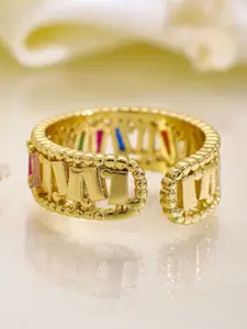 Rubans 18K Gold Plated Multicolor Baguette Cubic Zirconia Studded Adjustable Ring