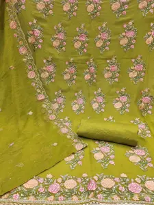 Peachmode Embroidered Thread Work Silk Chiffon Unstitched Dress Material