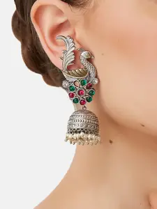 ATIBELLE German Silver Plated Peacock Shaped Oxidised Jhumkas Earrings