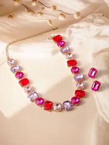 Rubans 18 K Gold Plated Multicolor Crystal Ad Studded Statement Necklace Set