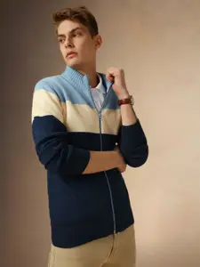 Dennis Lingo Colourblocked Mock Collar Acrylic Front Open Sweater