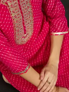 Indo Era Pink Leheriya Printed Thread Work Georgette Straight Kurta