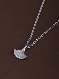 PALMONAS Stainless Steel Silver-Plated Cubic Zirconia Ginko Leaf Pendant