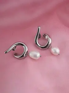 PALMONAS Stainless Steel Silver-Plated Pearl Beaded Contemporary Drop Earrings