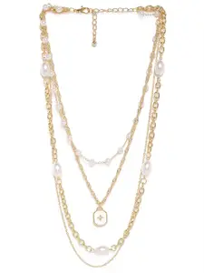 Rubans 18K Gold-Plated Multi-Layered Chain Necklace with Pearls & Star Charm Pendant