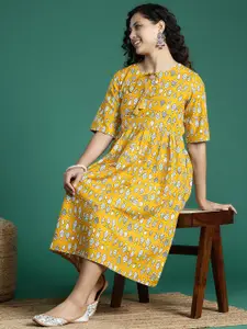 Sangria Printed Tie-Up Neck A-Line Midi Dress