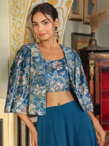 Janasya Women Teal Blue Velvet Floral Printed Crop Top with Palazzo & Cape Set