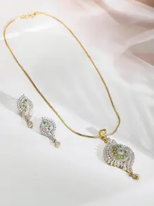Rubans 22K Gold-Plated Emerald Green & White Zirconia Studded Necklace Set