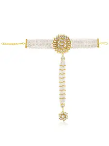 Peora Gold Plated Kundan Studded & Beaded Haath Panja Haath Phool Bracelet