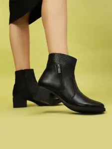 yoho Women Block-Heeled High-Top Textured Leather Finish Winter Boot M-001