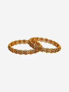 Kushal's Fashion Jewellery Set Of 2 Gold-Plated Artificial Stones Studded Antique Bangles