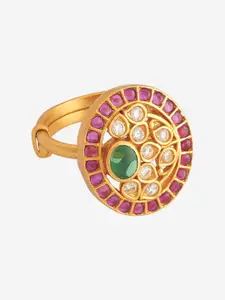 Kushal's Fashion Jewellery 92.5 Pure Silver Gold-Plated Stone-Studded Finger Ring