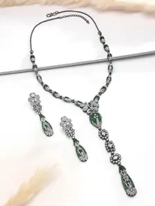 Rubans Silver-Plated Emerald Green & AAA Cubic Zirconia Drop Floral Detailing Necklace Set