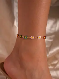 VAMA Gold Plated Layered Multicolor Daisy Flower Anklet Bracelet Jewellery Anklets