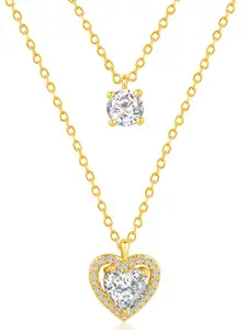 Peora Gold-Plated CZ-Studded Two Layer Heart Shape Pendant With Chain