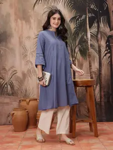 Sangria Flared Sleeves Indigo Panelled A-Line Kurta with Lace Inserts