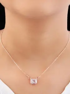 SOLIBELLE Rose Gold-Plated Stone Studded Square Pendant with Chain