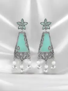 Yinara Silver-Oxidised Blue Stone Studded & Pearl Beaded Floral Motif Dangler Earrings