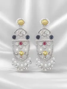 Yinara Silver-Plated Oxidised Pearl Beaded Boho Style Dangler Earrings