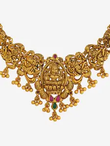 Kushal's Fashion Jewellery 92.5 Pure Silver Gold-Plated Stone Studded Temple Necklace