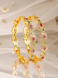Rubans Set of 2, 22K Gold-Plated Ruby Pink & Emerald Green Stone Handcrafted Bangles