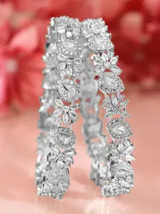 Rubans Set of 2 Rhodium-Plated Cubic Zirconia Studded Floral Pattern Premium Bangles