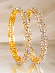 Rubans Set of 2 22K Gold-Plated Dual-Tone Cubic Zirconia Studded Handcrafted Bangles