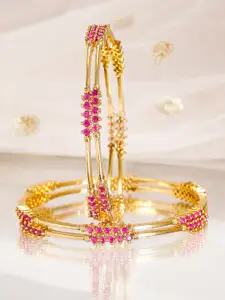 Rubans Set of 4, 22K Gold-Plated Ruby Pink Stone Studded Handcrafted Bangles