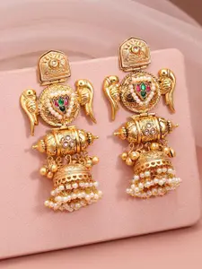 Rubans 24K Gold-Plated Luxurious Jhumka Earrings with Green & Red Stones, Pearl Drops
