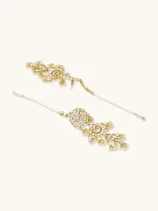 Yinara 22K Gold Plated Kundan Studded & Pearl Beaded Crescent Shaped Kanauti Earrings