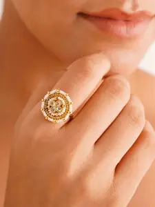 JAYPORE Gold-Plated Kundan Stone Studded & Pearls Beaded Adjustable Finger Ring